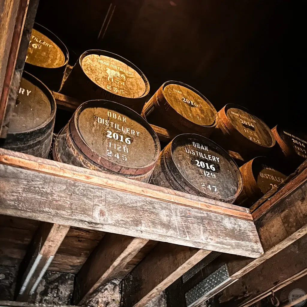 The warehouse at Oban Distillery with casks from 2016